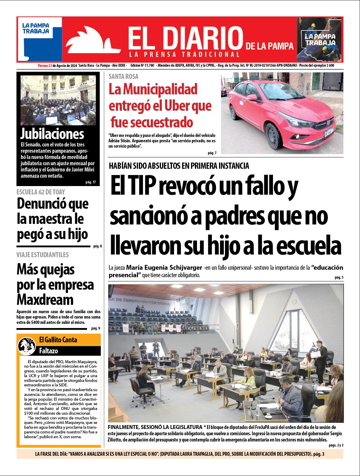 Tapa de El Diario en papel  viernes 23 de agosto de 2024